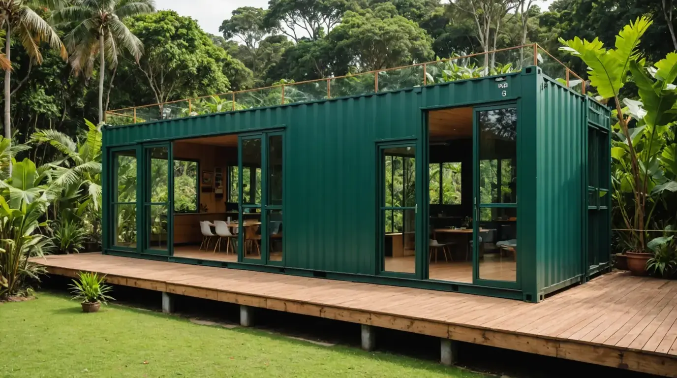 Casa feita com dois containers e deck de madeira