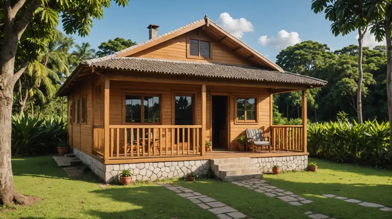 Casa de madeira pré-fabricada com varanda no campo