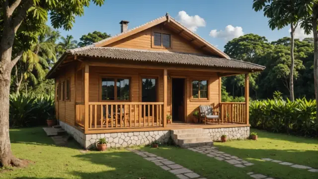 Casa de madeira pré-fabricada com varanda no campo
