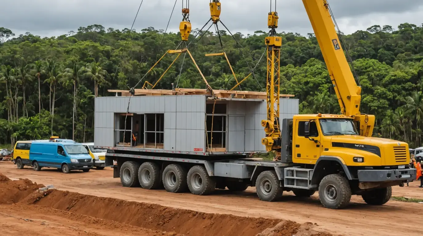Módulo de casa sendo içado por guindaste