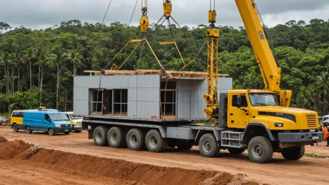 Módulo de casa sendo içado por guindaste