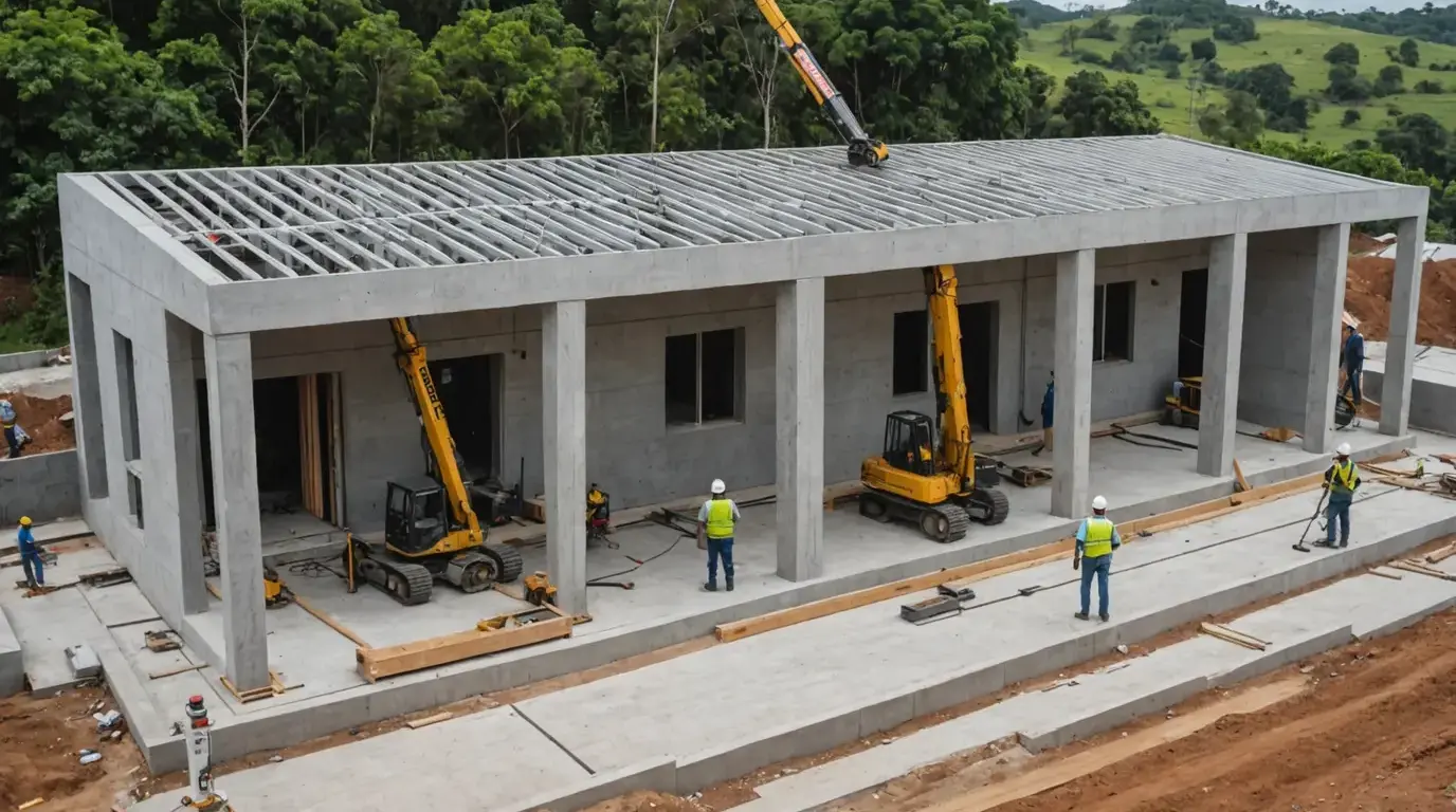 Montagem de placas de concreto de uma casa pré-moldada