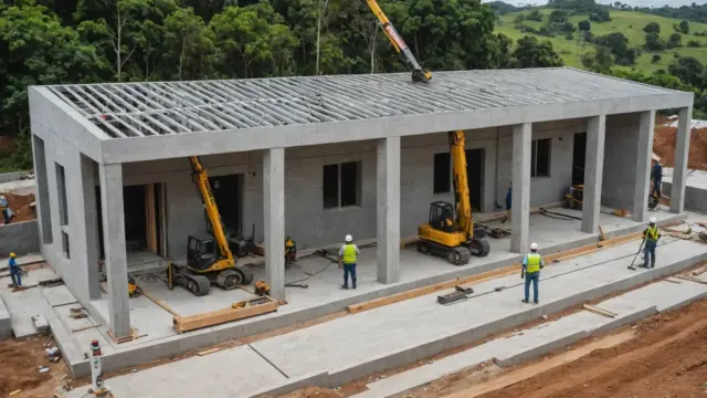Montagem de placas de concreto de uma casa pré-moldada