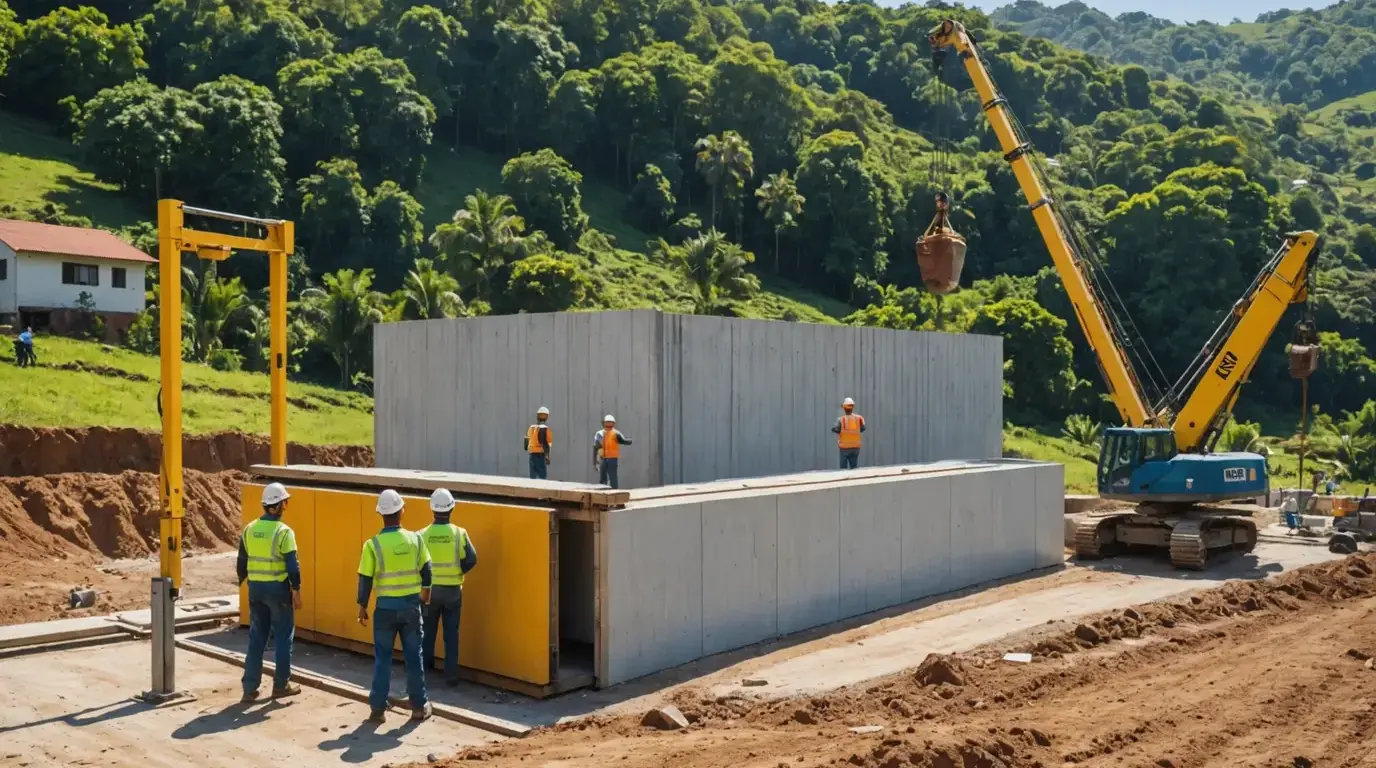 Montagem de uma casa pré-fabricada sobre a fundação