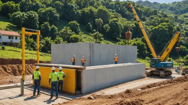 Montagem de uma casa pré-fabricada sobre a fundação