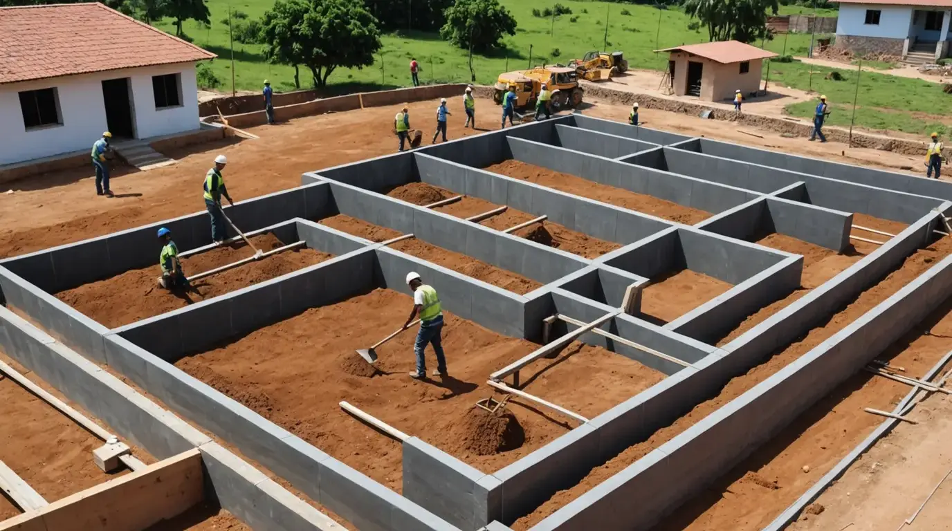 Fundação de casa com armaduras nas valas