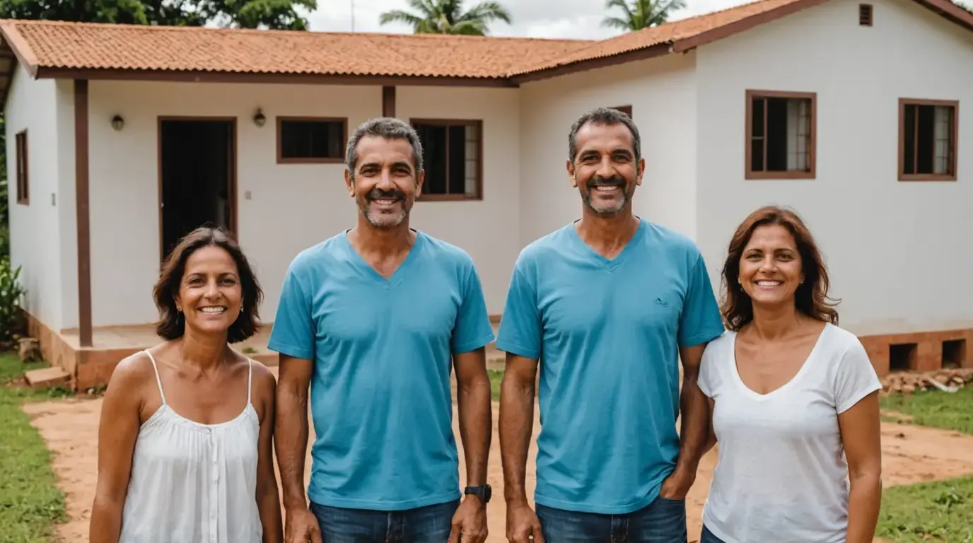 Família em frente à casa construída no próprio terreno
