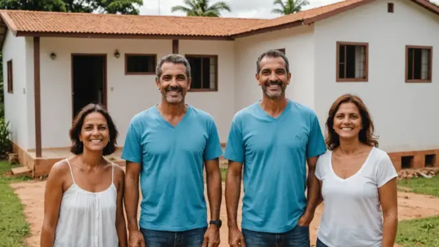 Família em frente à casa construída no próprio terreno