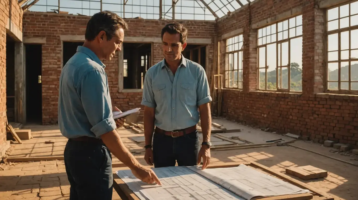Casal analisando a planta de uma casa em construção