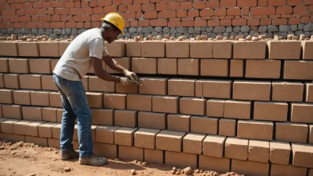 Parede de tijolo ecológico sendo levantada