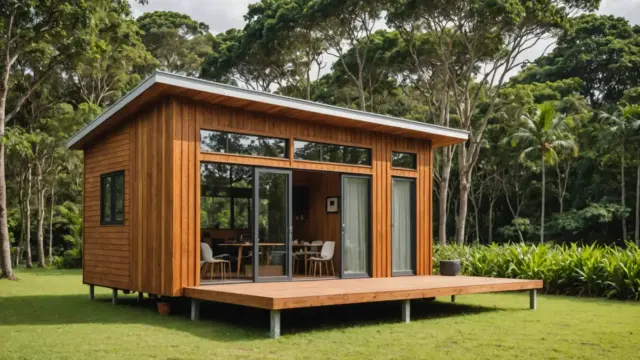 Tiny house de madeira com janela ampla